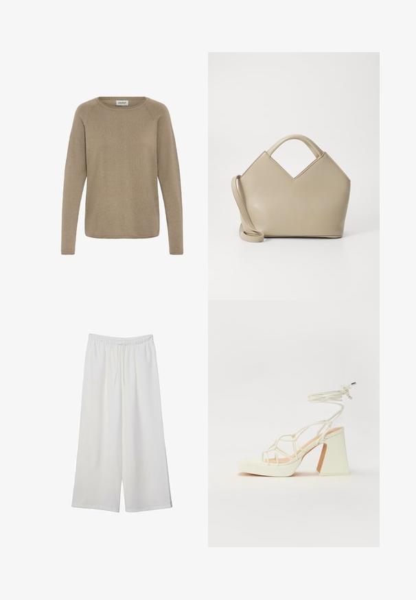 Vaaleanruskea pitkähihainen neule, joka on valmistettu pehmeästä kankaasta. Siinä on pyöreä kaula-aukko ja ribbikuviointi. Yksinkertainen, koristelematon muotoilu.; Valkoiset leveälahkeiset housut, jotka on valmistettu kevyestä kankaasta. Niissä on joustava vyötärö ja nauha säädettävää istuvuutta varten. Sileä pinta.; Valkoinen korkokenkä, jossa on paksu korko, ja joka sisältää nauhakiinnityksen ja nilkkaketjun. Sujuva pinta, jossa on platform-etupohja lisäkorkeutta varten.; Beige laukku, jossa on V-muotoinen yläosa, sileää nahkaa, lyhyet kahvat ja pitkä säädettävä hihna. Minimalistinen muotoilu.