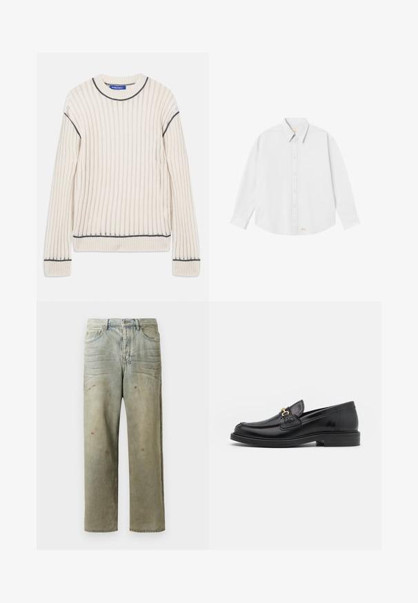 Off-white rebrasti pulover izrađen od mekog materijala, s tamnosivim akcentima na izrezu i rubu, te dugim rukavima.; Bijela košulja s dugim rukavima i klasičnim okovratnikom, sa zaobljenim rubom; na donjoj lijevoj strani ima mali narančasti logo.; Iznošeni traperice u svijetlozelenoj boji, s ravnim nogavicama, pet džepova i neujednačenim izblijedjenjem s mrljama od boje.; Crni kožni loafers s zaobljenim vrhom, s zlatnim detaljem i šavovima, smješteni na niskoj, teksturiranoj gumene potplati.