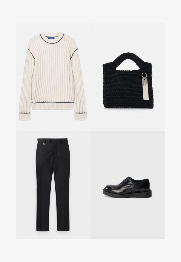 Off-white ribbet sweater lavet af blødt stof, med mørkegrå detaljer ved halsen og kanten, og lange ærmer.; Sorte skræddersyede bukser med lige pasform, der har en knaplukning og bælteløkker. Glat tekstur med minimal detaljer.; Sorte lædersko med snøre, rund toe, glat overflade og en tyk gummisål med subtile riller for bedre greb.; Won Hundred MARSIELLE COMPUTER BAG UNISEX - Computertasker - black
