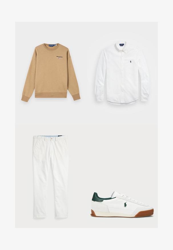 Sweatshirt castanho com gola redonda e mangas longas. Apresenta o logótipo "POLO SPORT" em preto e uma pequena bandeira americana como detalhe no peito.; Camisa branca de manga longa, com colarinho e botões, apresentando um pequeno logótipo bordado em azul marinho. Tecido de algodão com uma textura suave.; Chinos brancos feitos de algodão, com frente lisa, passadores de cinto, dois bolsos laterais e um único bolso traseiro. Textura suave com perna reta.; Sapatilha branca com detalhes em pele verde e sola em borracha bege. Apresenta um corpo em tecido e um logótipo proeminente na lateral. Design com atacadores.