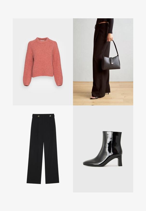 Marc O'Polo DENIM RAGLAN - Camisola - raw clay; Calças largas pretas com cintura alta, detalhes em botão na cintura e pregas frontais.; Botim de tornozelo em pele sintética preta com bico apontado e salto bloco de altura média. Textura suave e design minimalista.; Bolsa preta com forma estruturada, textura suave e um fecho metálico. Combinada com calças largas pretas e sandálias de salto aberto sobre um chão de madeira.