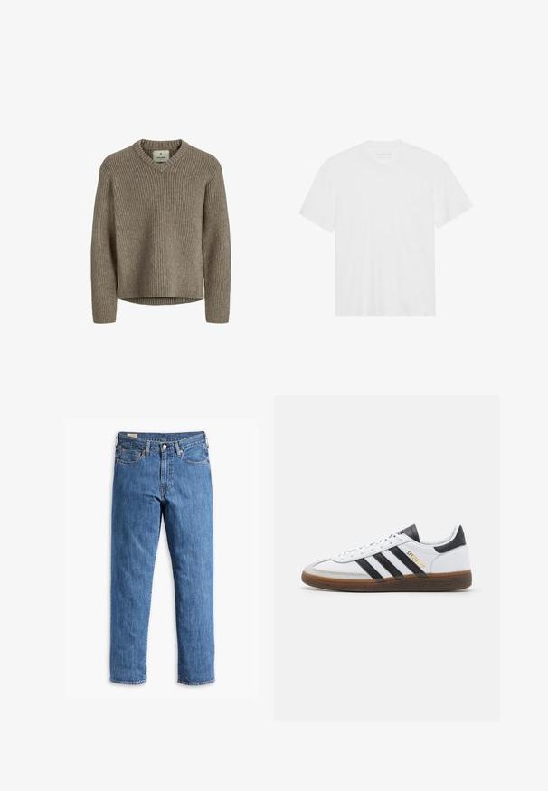 Béžový rebrovaný sveter s výstrihom do V a dlhými rukávmi. Mäkka textúra, voľný strih a rovný lem bez bočných rozširení.; Biela bavlnená tričko s krátkymi rukávmi, klasickým výstrihom a rovnými okrajmi. Hladká textúra, minimalistický dizajn bez vzorov alebo akcentov.; Modré džínsy s rovnými nohavicami, medenými nitmi a dizajnom s piatimi vreckami. Obsahujú zošitý lem a klasický pás s pútkami na opasok.; Biele kožené tenisky s čiernymi semišovými akcentmi, tromi čiernymi pruhmi, béžovou gumovou podrážkou a zlatým označením "SPEZIAL" na boku.