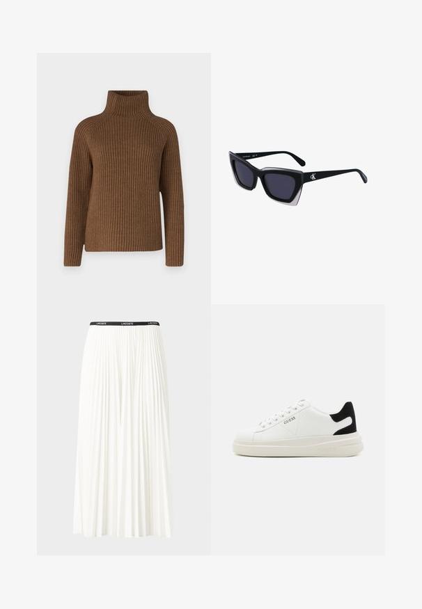 Braun gerippter Rollkragenpullover mit langen Ärmeln, ausgestattet mit einem eng anliegenden hohen Kragen und einem lockeren Schnitt, gefertigt aus strukturiertem Strickmaterial.; Faltenrock aus Weiß mit einem schwarzen elastischen Bund, der das "LACOSTE"-Logo trägt. Mittellanges Design mit weicher Textur.; Weiße Leder-Sneaker mit einer dicken weißen Sohle, schwarzem Wildlederakzent an der Ferse und geprägtem Logo an der Seite. Schnürdesign mit sechs Ösen.; Schwarze übergroße Sonnenbrille mit geometrischer Form, ausgestattet mit dunklen Gläsern und einem kontrastierenden grauen Detail im Rahmen. Logo am Bügel.