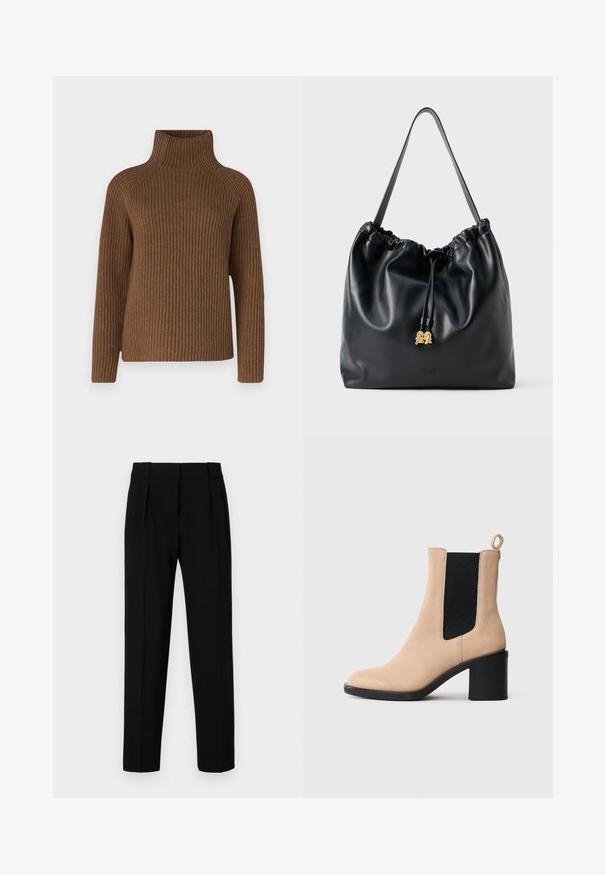 Brun ribbestrikket turtleneck-genser med lange ermer, med høy og tettsittende krage og en avslappet passform, laget av teksturert strikkemateriale.; Svarte skreddersydde bukser med rett passform, plisserte foran, polert stoff og medium midje. Ingen synlige lommer eller detaljer i beslag.; Beige semsket ankelstøvletter med blokhæl, med en sort elastisk indsats og løkke bagpå. Glat tekstur og rund tå design.; Svart lær trekksekk med en glatt tekstur, samlet topp og subtilt gullbeslag. Har en enkelt solid stropp og preget logo.