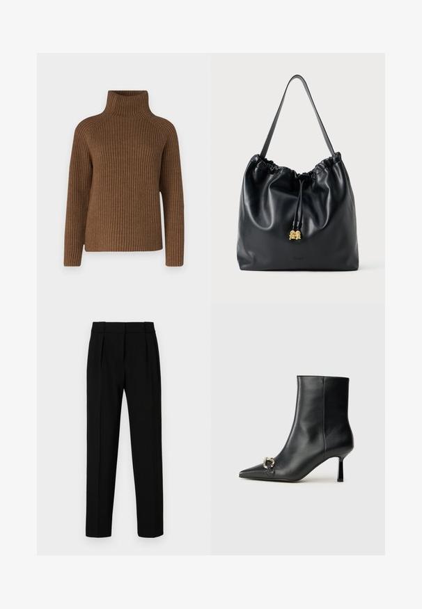 Brown ribbed turtleneck sweater with long sleeves, featuring a fitted high neck and a relaxed fit, made from textured knit material.; Black tailored trousers with a straight fit, pleated front, polished fabric, and a medium waistband. No visible pockets or hardware details.; Black leather ankle boot with pointed toe, slim mid-height heel, and silver buckle detail on side against plain background.; Black leather drawstring bag with a smooth texture, gathered top, and subtle gold hardware. Features a single sturdy strap and embossed logo.