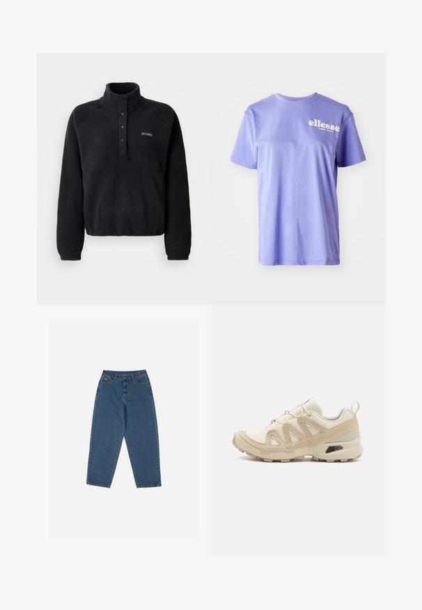 Fekete bolyhos pulóver, patentgombos gallérral és Columbia logóval a bal mellen, hosszú ujjaival és egy kényelmes, texturált anyaggal.; Lila pamut póló kerek nyakkivágással, rövid ujjal és fehér "ellesse" logó szöveggel a fronton. Simább textúra.; Kék farmernadrág, laza szabással, magas derékkal, öt zsebes kialakítással és varrási díszítésekkel. Gombos és cipzáros záródással rendelkezik.; Beige és krém színű sportcipő, texturált hálós felsőrésszel, támogató burkolattal és gumitalppal, amely tapadás érdekében bordázott mintázattal rendelkezik.