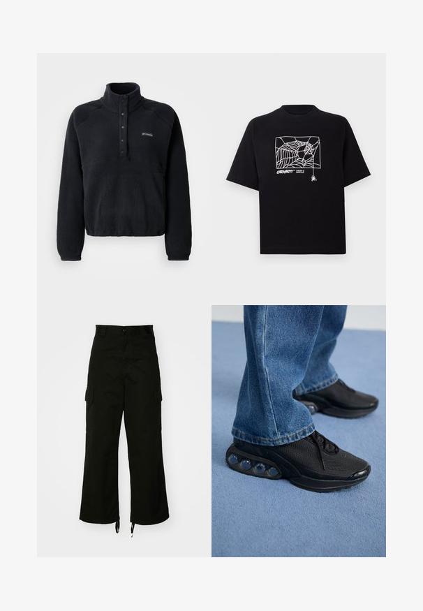 Pullover in pile nero con collare a bottoni a pressione e logo Columbia sul lato sinistro del petto, dotato di maniche lunghe e tessuto morbido e testurizzato.; Maglietta nera in cotone con maniche corte. Presenta una grafica e un logo a ragnatela bianca sul davanti. Scollo rotondo semplice.; Pantaloni cargo neri realizzati in cotone, con gamba larga, tasche laterali e orli con cordino. Il design include una chiusura con bottone in vita.; Scarpe da ginnastica nere con tomaia in rete, dettagli testurizzati e pod di ammortizzazione visibili nella suola. Indossate con jeans in denim blu.