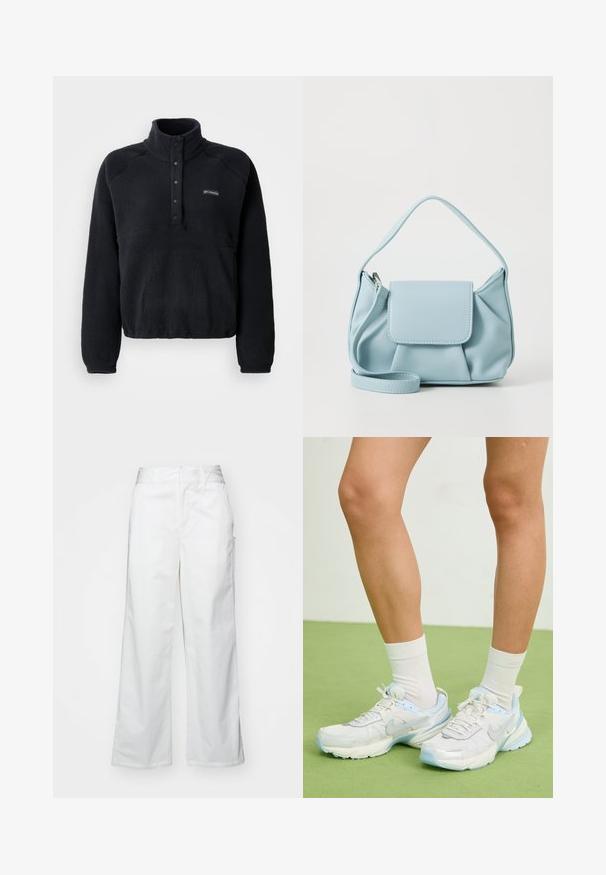Čierny fleecový pulóver so zapínaním na gombíky pri golieri a logom Columbia na ľavej hrudi, s dlhými rukávmi a útulnou, štruktúrovanou tkaninou.; Biele široké nohavice vyrobené z bavlny, s hladkým povrchom, rovnou siluetou, prednými vreckami a čistým lemom.; Biele a svetlomodré športové topánky vyrobené z mrežových a syntetických materiálov, s textúrovanými akcentmi, zaobleným tvarom a polstrovanou podrážkou.; Svetlomodrá kožená kabelka s hornou rukoväťou, prednou klopou a odnímateľným zápästným popruhom na bielom pozadí.