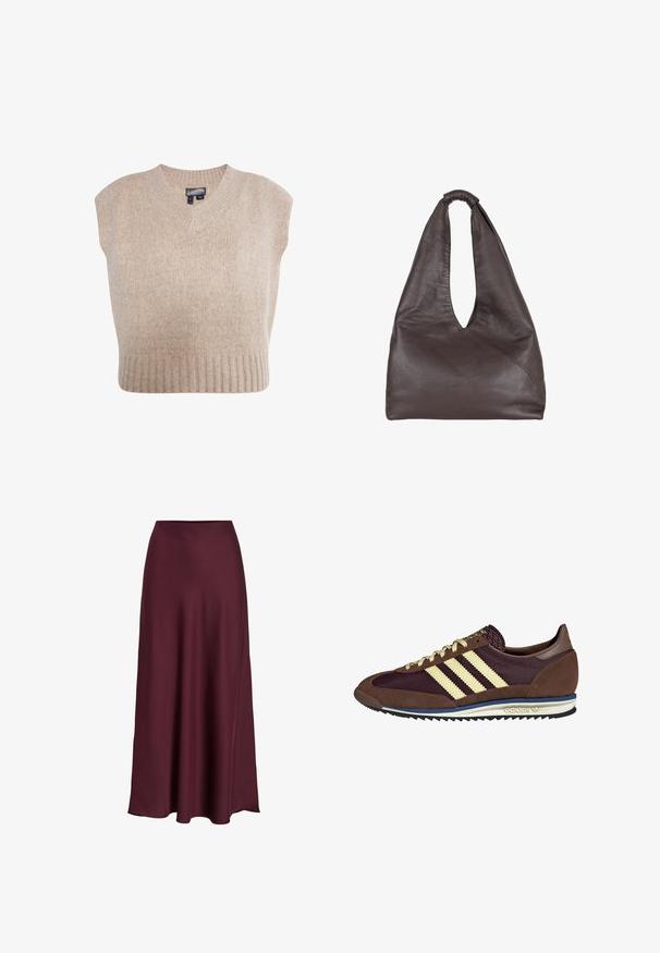 Beige gebreide mouwloze trui met een v-hals en geribbelde onderrand. Zachte textuur met een gevlekte patroon door het hele kledingstuk.; Bordeaux satijnen maxi rok met een zachte textuur, hoge taille en een vloeiende silhouet die zachtjes uitloopt naar de zoom.; Bruine en bordeauxkleurige sneaker van suede en mesh materiaal, met drie crèmekleurige strepen, een gemêleerd stof op de tong en een rubberen zool.; Bruine leren tas met een slappe, oversized uitstraling. Beschikt over een lusvormige handgreep en een diepe V-vormige opening voor gemakkelijke toegang. Zachte textuur, minimalistische stijl.