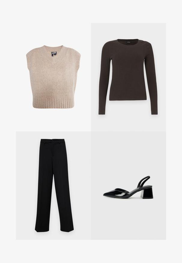 Pulover bej tricotat, fără mâneci, cu decolteu în V și margine ribbed. Textură moale cu un model pârguț în întreaga suprafață.; Top ribbed, de culoare maronie, cu mâneci lungi și gât rotund. Fabricat dintr-un material neted și elastic, cu un croi ajustat și detalii minime.; Pantaloni negri cu croi larg, dintr-un material neted, având un talie clasică cu închidere prin buton și plisuri frontale.; Pantofi cu toc slingback din piele lacuită neagră, cu vârf ascuțit și toc geometric. Prezintă un design elegant, minimalist și o textură netedă.