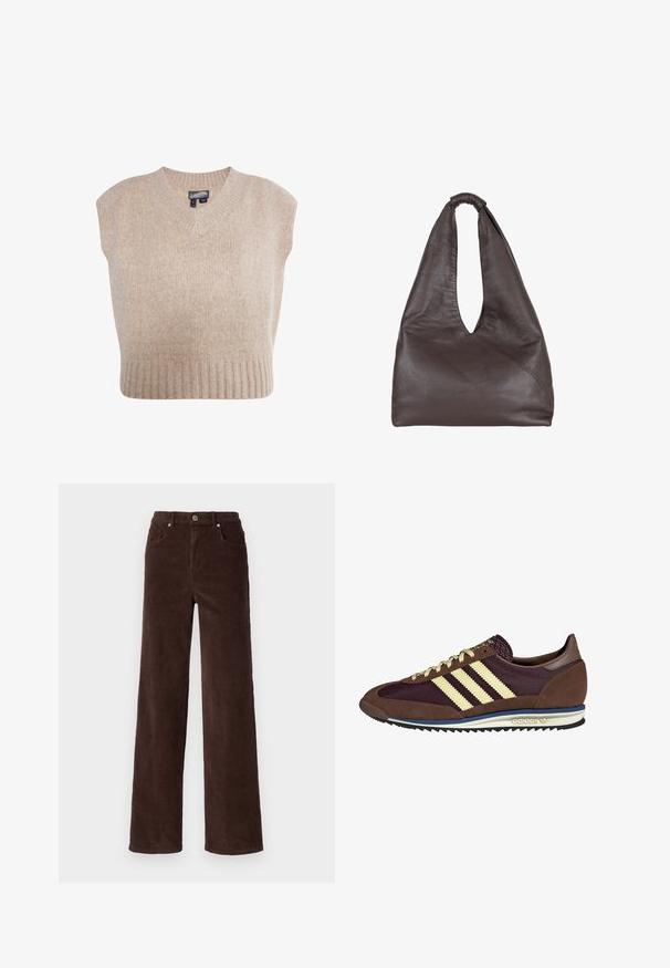 Beige gebreide mouwloze trui met een v-hals en geribbelde onderrand. Zachte textuur met een gevlekte patroon door het hele kledingstuk.; Vero Moda VMTESSA WIDE PANTS - Broek - chocolate torte; Bruine en bordeauxkleurige sneaker van suede en mesh materiaal, met drie crèmekleurige strepen, een gemêleerd stof op de tong en een rubberen zool.; Bruine leren tas met een slappe, oversized uitstraling. Beschikt over een lusvormige handgreep en een diepe V-vormige opening voor gemakkelijke toegang. Zachte textuur, minimalistische stijl.