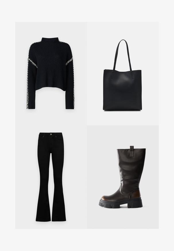 Vero Moda VMNEWCREAM FUNNELNECK PULLOVER - Camisola - black/birch; Jeans pretos de cintura alta com fecho de botão e zíper, bolsos frontais e pernas largas dispostos em cima de um fundo branco.; Bota alta de couro preto com sola plataforma grossa preta e detalhe castanho no calcanhar, vista lateral em fundo cinza claro.; Bolsa tote preta em couro com textura lisa, forma retangular e duas alças longas. Sem hardware ou enfeites visíveis.