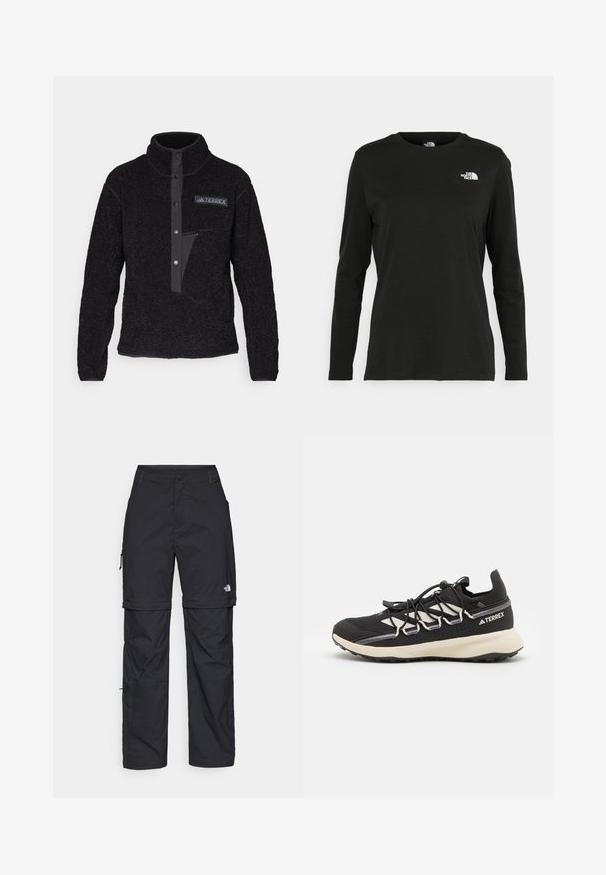 adidas Terrex XPLORIC HIGH PILE - Felpa in pile - black; T-shirt nera a maniche lunghe in cotone con colletto rotondo. Presenta un piccolo logo bianco sul lato sinistro del petto. Design semplice e vestibilità comoda.; Pantaloni cargo in nylon nero con zip rimovibile, polsini regolabili, molteplici tasche e un logo sulla gamba destra. Tessuto liscio e leggero.; Scarpa sportiva nera con tomaia testurizzata, accenti bianchi a contrasto, suola modellata e lacci elastici. Presenta un logo stampato sul tallone.