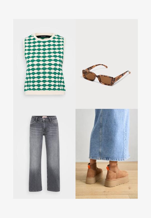 Pulover fără mâneci tricotat, cu un model ondulat în verde și crem. Guler rotund cu margine ribbed și țesătură texturată.; Even&Odd Petite 3 PACK - Bluză cu mânecă lungă - black/white/light green; Jeans gri din denim cu un design drept, stil cu cinci buzunare, decolorare subtilă și închidere cu buton la talie.; Botine maro din suede cu platformă, cu panouri elastice pe laterale și mânere portocalii, asortate cu o fustă din denim deschis până la genunchi, pe un podea din lemn.; Ochelari de soare cu rama țestoasă, cu lentile rectangulare maro, o ramă groasă și brațe subțiri, prezentând un model cu nuanțe variate de maro.