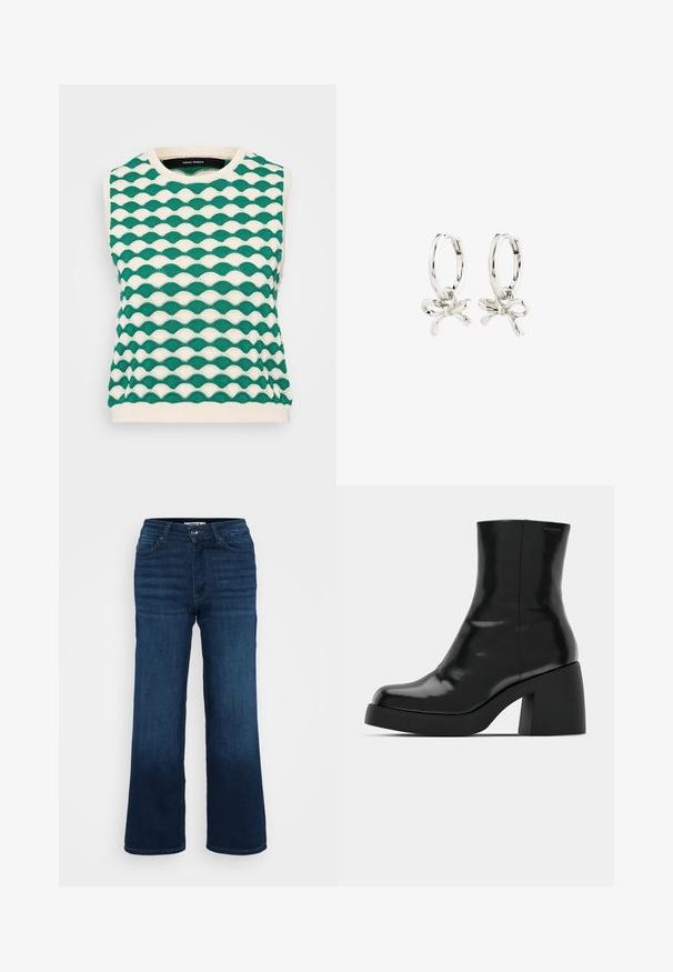 Bezrękawnik z dzianiny z falistym wzorem w zielonym i kremowym kolorze. Okrągły dekolt z ribbowanym wykończeniem i teksturowanym materiałem.; ONLY Petite ONLMADISON WIDE ciemnoniebieski; Czarne botki za kostkę o błyszczącej wykończeniu, kwadratowym czubku i grubym słupkowym obcasie. Projekt charakteryzuje się bezszwową sylwetką i minimalną marką.; Srebrne kolczyki koła z motywem kokardy, o gładkim wykończeniu i polerowanej fakturze. Kompaktowy, minimalistyczny styl odpowiedni na różne okazje.