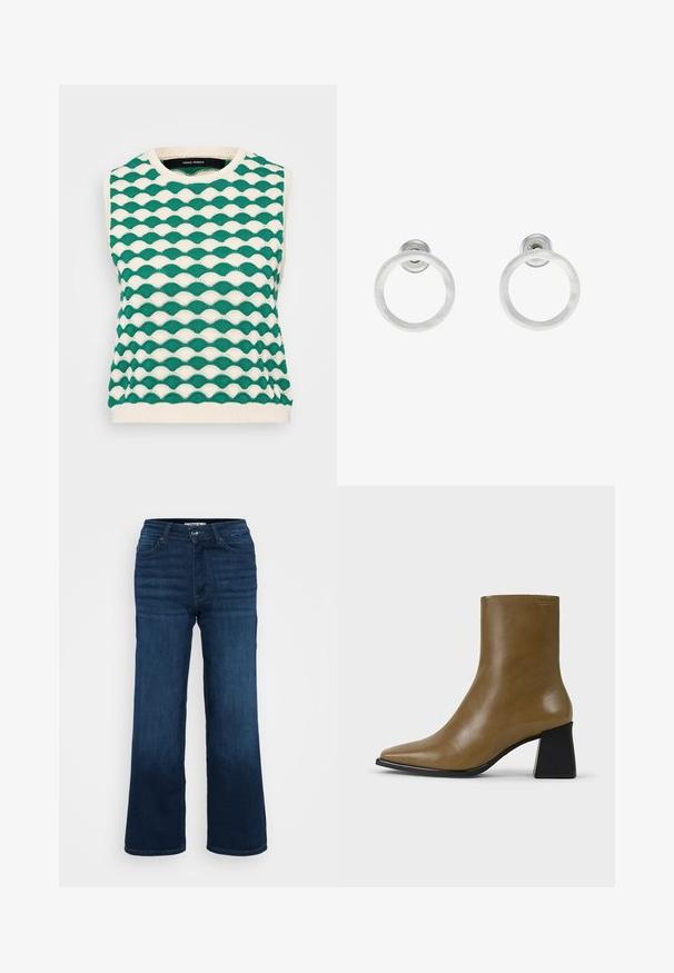 Pletený svetrier bez rukávov s vlnitým vzorom v zelenej a krémovej farbe. Okrúhly výstrih s rebrovaným lemom a textúrovanou látkou.; ONLY Petite ONLMADISON BLUSH WIDE - Široké nohavice - dark blue denim; Hnedá kožená členková topánka s špicatou špičkou, elegantným dizajnom a struktúrovaným povrchom. Má kontrastný čierny blokový opätok.; Strieborné kovové náušnice vo forme kruhov s brúsenou textúrou, so zaobleným dizajnom a priehľadným zarážkou pre bezpečné nosenie.