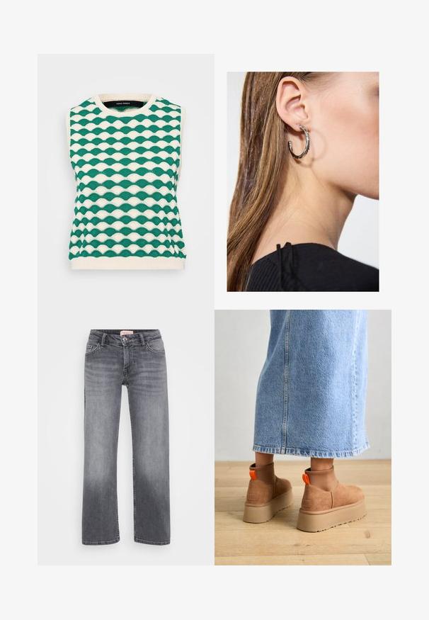 Kötött ujjatlan pulóver, amely hullámos mintával készült zöld és krém színben. Kerek nyakkivágás, bordás szegéllyel és texturált anyaggal.; Szürke farmernadrág egyenes szárú dizájnnal, öt zsebes stílussal, enyhe kopással, és gombos derékzárral.; Barna velúr platform csizmák elasztikus oldalsó panelekkel és narancssárga húzófülekkel, amelyek egy térdközépig érő világoskék farmer szoknyával vannak párosítva egy fás padlón.; Ez egy ezüst fülbevaló, sima felülettel, amelyen apró arany díszítőelemek találhatók. Kerek formájú és a fülcimpán viselik.