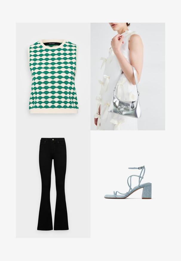 Knit sleeveless sweater featuring a wavy pattern in green and cream. Round neckline with ribbed hem and textured fabric.; Black high-waist jeans with a button and zip closure, front pockets, and flared legs laid flat on a white background.; Light blue denim block heel sandal with thin, crisscross straps and ankle strap. Square toe design and textured fabric finish.; Silver metallic handbag with a structured shape, featuring a top handle and bow detail on the front. Smooth texture, reflective finish.