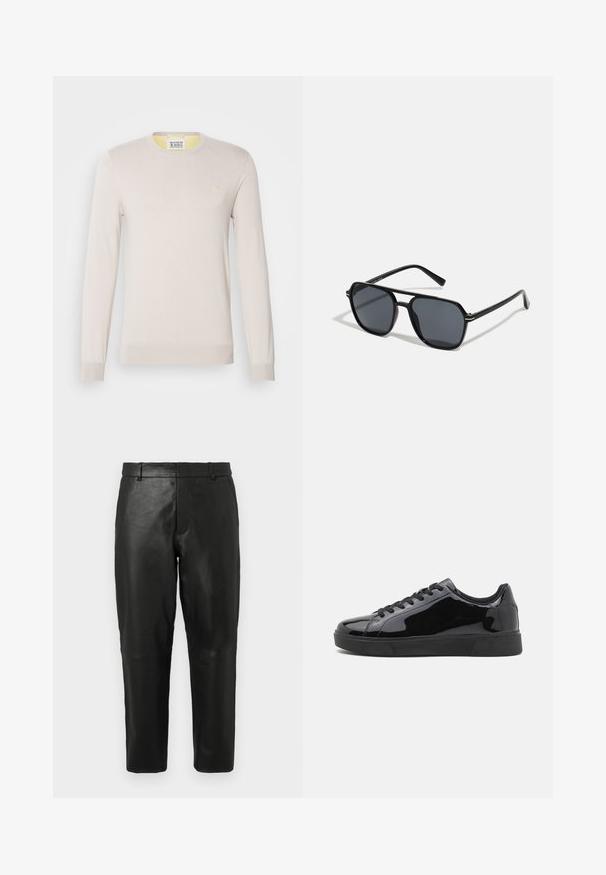 Vaaleanbeige neulepusero, jossa on pitkät hihat, pyöreä pääntie ja huomaamattomat ribbireunat. Rinnassa on pieni kultainen logo.; Mustat nahkasuorat lahkeet, joissa on vyölenkit ja sivutaskut, esitettynä yksinkertaisen vaalean taustan edessä.; Mustat patenttihin nahkasneakerit, joissa on pyöreä kärki, litteä kumipohja ja mustat nauhat. Yksinkertainen, kiiltävä pinta yläpinnalla.; Musta aurinkolasit, joissa on oktaalinen kehys, tummat linssit, kiiltävä pinta, ohuet templesit ja kultaiset yksityiskohdat etupuolella.