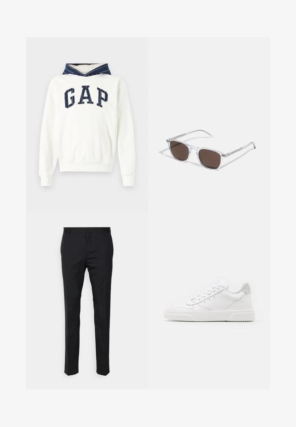 Λευκή βαμβακερή κουκούλα με μπλε ριγέ κουκούλα, που διαθέτει μεγάλο λογότυπο "GAP" σε μπλε στο μπροστινό μέρος. Περιλαμβάνει μπροστινής τσέπη και ριμπ μανσέτες.; Μαύροι ψηλόμεσοι παντελόνια με ίσια εφαρμογή, κατασκευασμένα από λείο ύφασμα. Διαθέτουν θηλιές ζώνης και λεπτομέρεια πτυχής κατά μήκος του μπροστινού μέρους.; Λευκά δερμάτινα αθλητικά παπούτσια με απλή επιφάνεια, στρογγυλή μύτη, επίπεδα κορδόνια και ανάγλυφη σόλα. Γκρι σουέτ λεπτομέρεια στη φτέρνα.; Διαφανή πλαστικά γυαλιά ηλίου με ορθογώνιους καφέ φακούς, με λεπτούς, διαφανείς βραχίονες και μεταλλικές λεπτομέρειες στους βραχίονες.