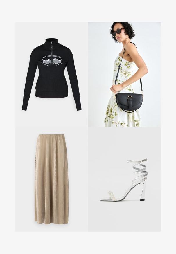 Camisola preta com fecho éclair e gola alta, com um gráfico branco de montanha no peito. Feita de tecido macio e texturizado, com mangas justas.; Saia midi plissada bege com cintura elástica, apresentando riscas verticais e uma silhueta fluida para maior liberdade de movimento.; Sandalha de salto alto prateada com um design de tira brilhante, apresentando um detalhe semelhante a uma pérola e uma tira de tornozelo espiralada para um ajuste seguro.; Bolsa de couro preta com forma curva, alça destacável e detalhes em dourado. A bolsa possui uma aba com detalhe de fivela.