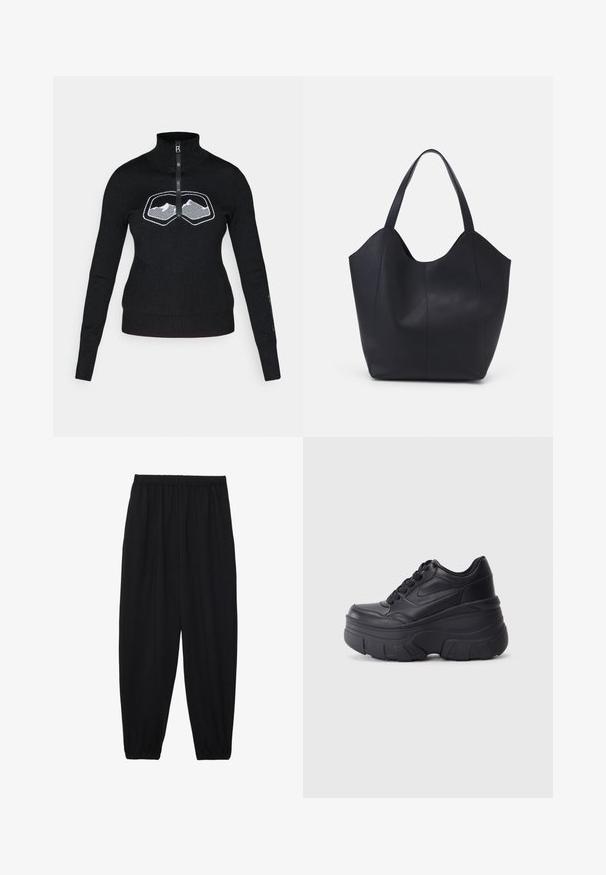 Bogner Fire + Ice AZRA3 - Džemperis - black; Melnas, vieglas bikses ar elastīgu jostu un savilktiem potītiem. Audums ir gluds un to raksturo brīva, sašaurināta forma.; Melni šņorējami sporta apavi ar biezu zoli, ar gludu ādas augšdaļu, noapaļotu purngalu un izteiktu slāņveida platformas dizainu.; Melnas rokassomas, kas izgatavota no gludas ādas, ar izliekto atvērto augšu, divām plecu jostām un minimālistisku dizainu.