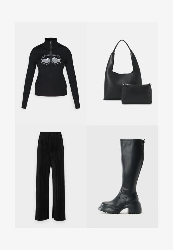 Črn pulover z zadrgo in visokim ovratnikom, na prsnem predelu s prikazom belega gorskega motiva. Iz mehkega, teksturiranega blaga z oprijetimi rokavi.; Črne plisirane hlače z elastičnim pasom. Imajo široke noge in gladko, teksturirano tkanino z navpičnimi črtami.; Visoka črna usnjena škornja s debelim podplatnim solejem in blok peto, opremljena s potegom in strukturiranim profilom na podplatu.; Even&Odd Torbica - black
