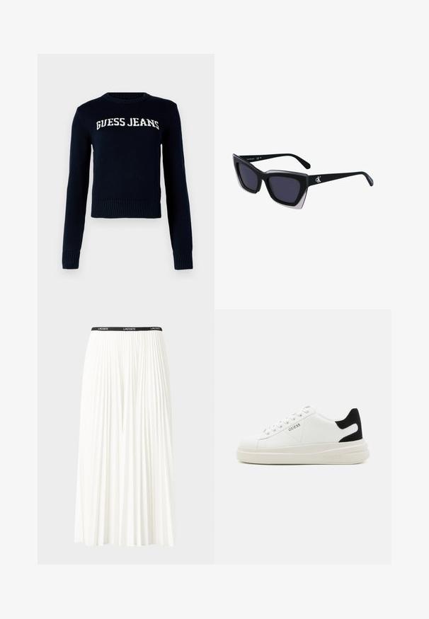 Guess Jeans INTARSIA SWTR - Pulover - daring ocean; Gubasta bela krila z črnim elastičnim pasom, ki nosi logotip "LACOSTE". Srednje dolga zasnova z mehkobo tkanine.; Bele usnjene športne copate z debelim belim podplatom, črnimi semišnimi detajli na peti in utisnjenim logotipom na strani. Zavezovanje s šestimi luknjicami.; Črne prevelike sončne očala geometrijske oblike, z temnimi lečami in kontrastno sivo podrobnostjo na okvirju. Logo na ročaju.