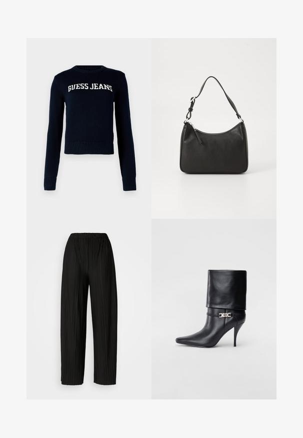 Guess Jeans INTARSIA SWTR - Trui - daring ocean; Zwarte plooibroek met wijde benen en een elastische tailleband. De stof heeft verticale plooien en een gladde textuur.; Zwarte leren enkelboot met een spitse neus, hoge stilettohak, opgevouwen manchet en een gouden decoratieve gespdetails op de enkel.; Zwarte leren handtas met een gebogen vorm, een enkele schouderband, ritsluiting en subtiele branding aan de voorkant. Glad textuur, minimalistisch ontwerp.