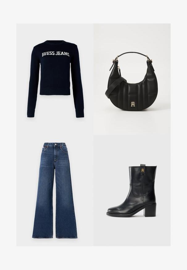Guess Jeans INTARSIA SWTR - Jumper - daring ocean; High-waisted, wide-leg jeans made of dark blue denim, featuring a button closure, five pockets, and subtle fading on the thighs.; Black leather mid-calf boot with block heel and gold "TH" logo on pull tab against white background.; Black leather handbag with a curved shape, quilted texture, and gold hardware. Features a detachable shoulder strap and logo detail.