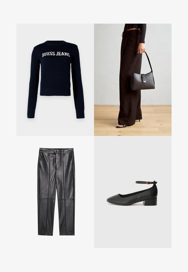 Guess Jeans INTARSIA SWTR - Strickpullover - daring ocean; Schwarze Lederhosen mit glatter Textur, gerader Passform, zwei Fronttaschen und sichtbaren Nahtdetails.; Schwarze Lederpumps mit spitzem Zehenbereich und niedrigem Blockabsatz. Mit einem Knöchelriemen und einer goldfarbenen Schnalle. Glatte Textur.; Schwarze Handtasche mit strukturierter Form, glatter Textur und einem metallischen Verschluss. Kombiniert mit weiten schwarzen Hosen und offenen Sandalen auf einem Holzboden.