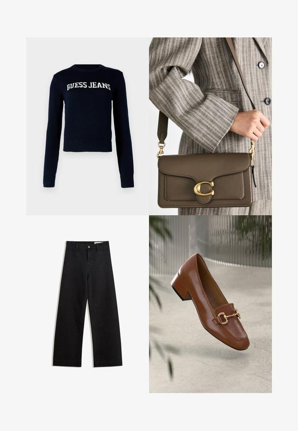 Guess Jeans INTARSIA SWTR - Vesta - daring ocean; Crne široke traperice s visokim strukom, s prednjim i stražnjim džepovima, šivenim šavovima i kopčanjem na gumb. Glatka tekstura.; Smeđi lakirani loafer s kvadratnim vrhom, metalnim lancem kao naglaskom i niskom blok petom; glatka tekstura, minimalistički dizajn.; COACH TABBY SHOULDER BAG 26 - Ručna torba - dark stone