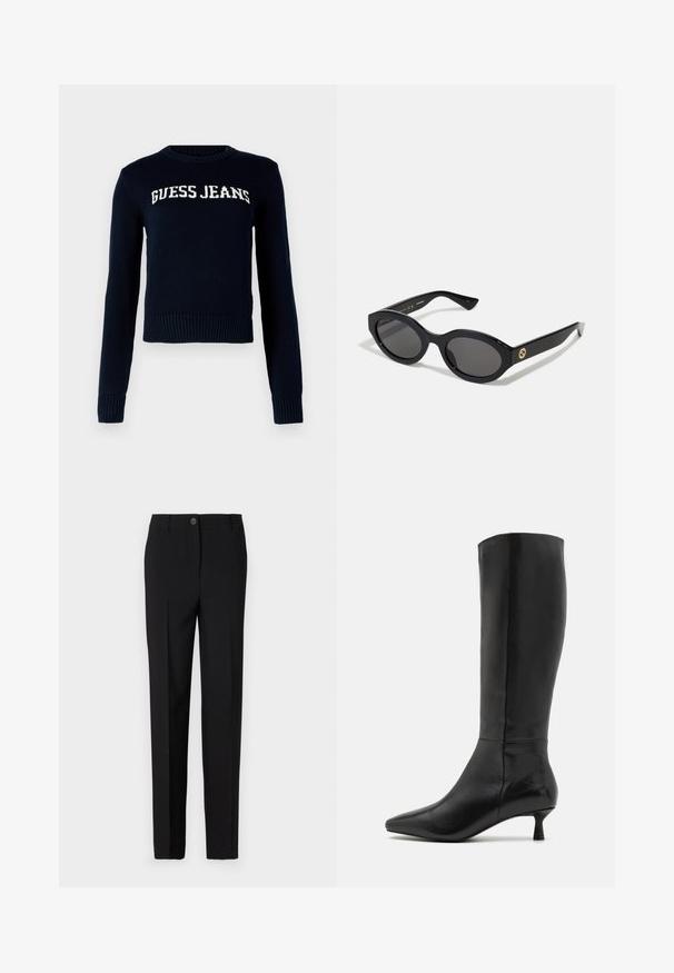 Guess Jeans INTARSIA SWTR - Trui - daring ocean; Zwarte op maat gemaakte broek met een recht toegegeven ontwerp, voorzien van een knoopsluiting en riemlussen, gemaakt van gladde stof.; Zign Laarzen - black; Zwarte ovale zonnebril met donkere glazen en een glanzend kunststof frame. Heeft een gouden logo op de poot, dat een strakke en moderne uitstraling biedt.