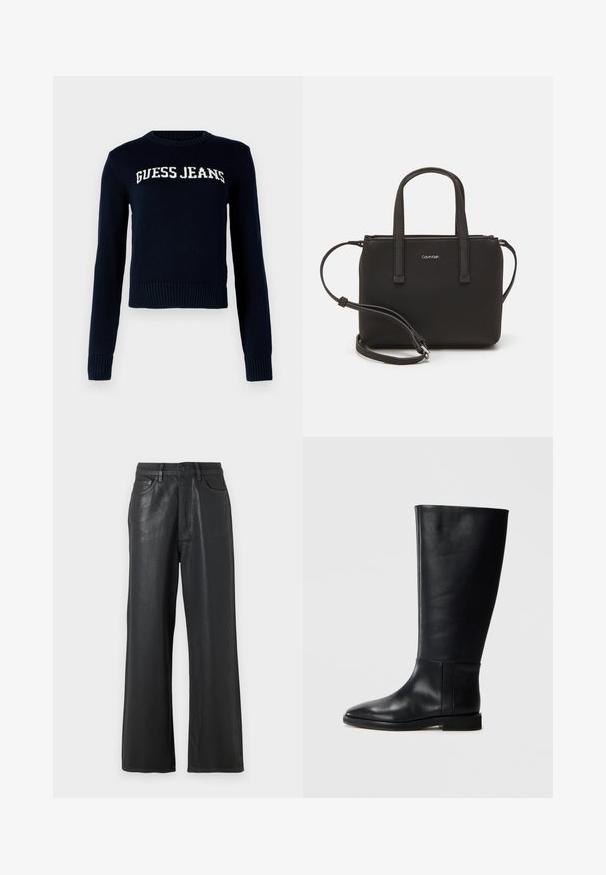 Guess Jeans INTARSIA granatowy; Czarne spodnie szerokie z błyszczącego materiału. Posiadają zapięcie na guzik, szlufki na pasek oraz kieszenie z przodu o gładkiej fakturze.; Czarne skórzane kozaki za kolano z zaokrąglonym noskiem, gładką teksturą, minimalistycznym designem i płaską podeszwą. Proste detale szwów na cholewie.; Czarna torebka z dwoma krótkimi uchwytami i odpinanym paskiem na ramię. Gładki materiał przypominający skórę, z zamkiem błyskawicznym i detalem z logo.
