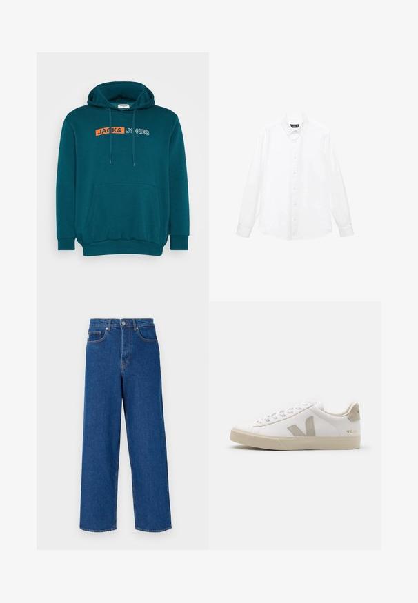 Jack & Jones JJECORP LOGO HOOD PLAY - Majica s kapuljačom - deep teal; Bijela košulja dugih rukava s kragnom na gumb, prednjim gumbima, ravnim rubom i mekanom pamučnom tkaninom. Minimalistički dizajn bez uzoraka.; Široke plave traperice od denima, s visokim strukom, dizajnom s pet džepova i kontrastnim šavovima duž šavova i džepova.; Bijele kožne tenisice s bež naglascima, ravnim gumenim potplatom, okruglim vrhom i kontrastnim logotipom s bočne i stražnje strane. Dizajn svezanja.