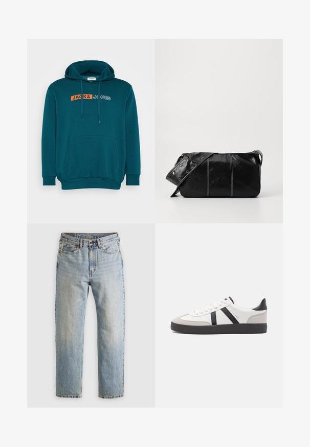 Jack & Jones JJECORP LOGO HOOD PLAY - Hoodie - deep teal; Light blue denim jeans with high waist, front button, zipper, and five-pocket design, laid flat on a neutral background.; White sneaker with black and gray accents, featuring a textured gray toe cap, black rubber sole, and flat white laces. Clean design, minimalist style.; Black leather shoulder bag with a zip closure, featuring a textured body, white stitching, and a strap with silver grommets.