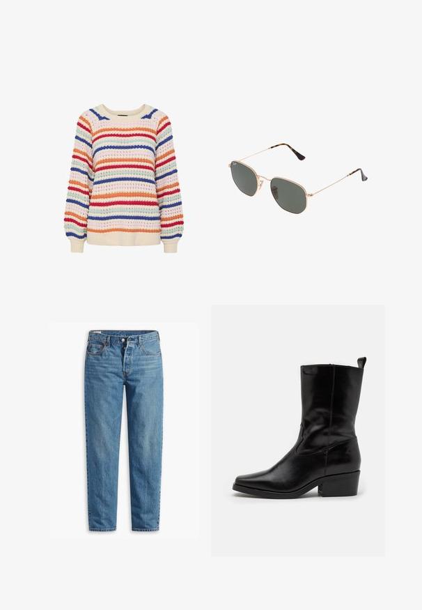 Flerfärgad stickad tröja med horisontella ränder i röd, blå, orange och krämvit, med en texturerad yta och elastiska ärmslut.; Blå denimjeans med rak passform, med dragkedja, två framfickor och subtila färgförändringar över hela tyget.; Svart läderankelboot med spetsig tå, låg blockklack och sydda detaljer. Har sidopaneler av elastisk textil för enkel på- och avtagning.; Guldmetallramda solglasögon med mörkgröna linser, pilotstil, med smala armfästen och sköldpaddsmönstra detaljer på spetsarna.