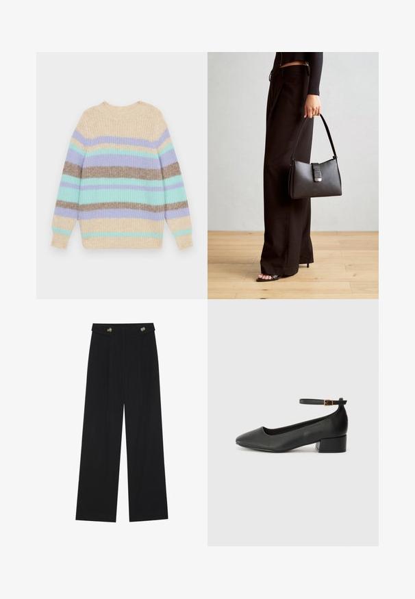 Suéter de malha com riscas horizontais em bege, lavanda, verde menta e castanho. Decote redondo e punhos canelados.; Calças largas pretas com cintura alta, detalhes em botão na cintura e pregas frontais.; Sandal de pele preta com bico pontiagudo e um salto bloco baixo. Apresenta uma tira no tornozelo com uma fivela em tom dourado. Textura suave.; Bolsa preta com forma estruturada, textura suave e um fecho metálico. Combinada com calças largas pretas e sandálias de salto aberto sobre um chão de madeira.
