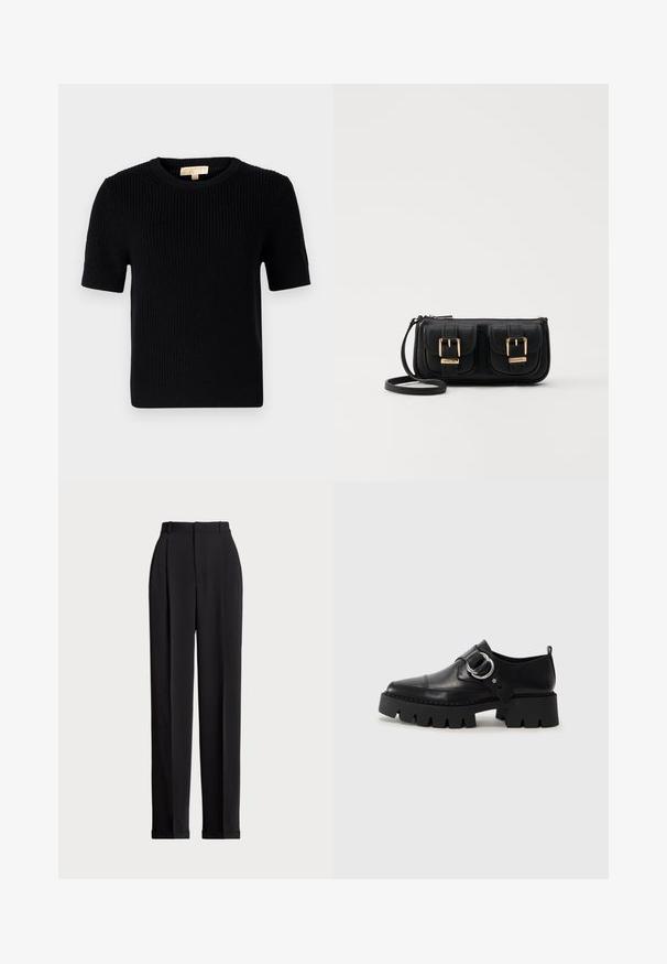 Black knitted short-sleeve sweater with a round neckline. Features a ribbed texture and a straight-cut hemline. Label on the inside collar.; Black tailored trousers with a high waist, featuring pleats at the front, a straight leg design, and a cuffed hem. Made from smooth fabric.; Black leather shoes with a chunky, ribbed sole, featuring a circular silver hardware accent and minimal stitching detail.; Black leather crossbody bag with two front pockets, gold buckles, zipper closure, and a slim strap. Textured surface and compact rectangular shape.
