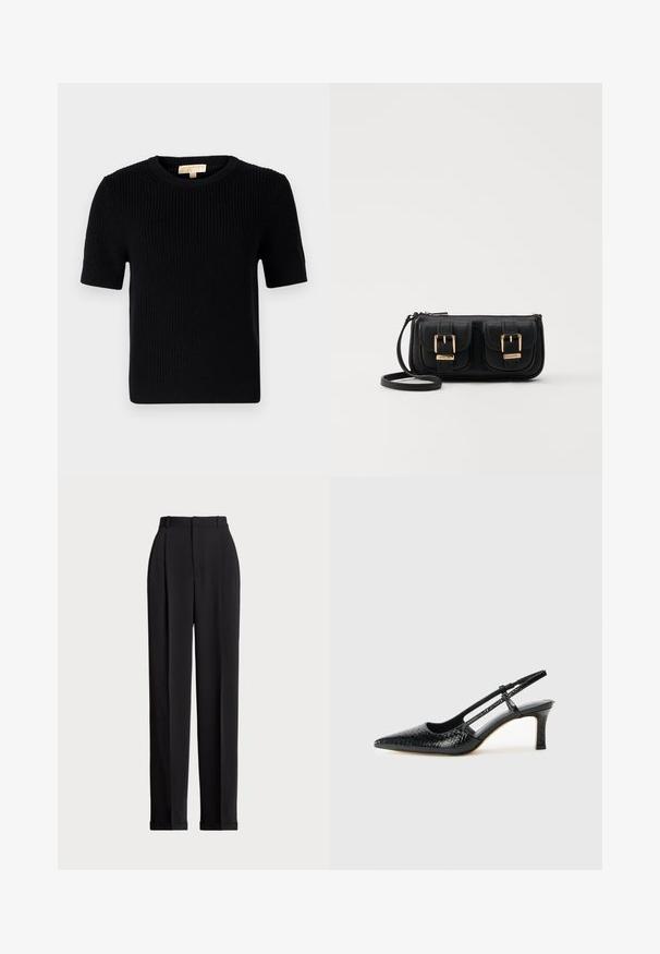 Must värvitud lühikeste varrukatega sviiter ümmarguse kaelusega. Omab ribatekstiili ja sirget lõiget. Sildiga sise-kaeluses.; Mustad kohandatud püksid kõrge vöökohtaga, ees plisseeritud, sirge sääre disainiga ja mansetiga hem. Valmistatud sileda kangaga.; Mustmust paelad, millel on terav varvas, tekstuuriga maduprindiga, reguleeritav rihm ja lühike tekstuuriga plokknina.; Must küllastamata nahast õlakott, millel on kaks esist nähtavat taskut, kuldsed pandlad, tõmblukuga sulgemine ja peen rihm. Tekstuuriga pind ja kompaktne ristkülikukujuline kuju.