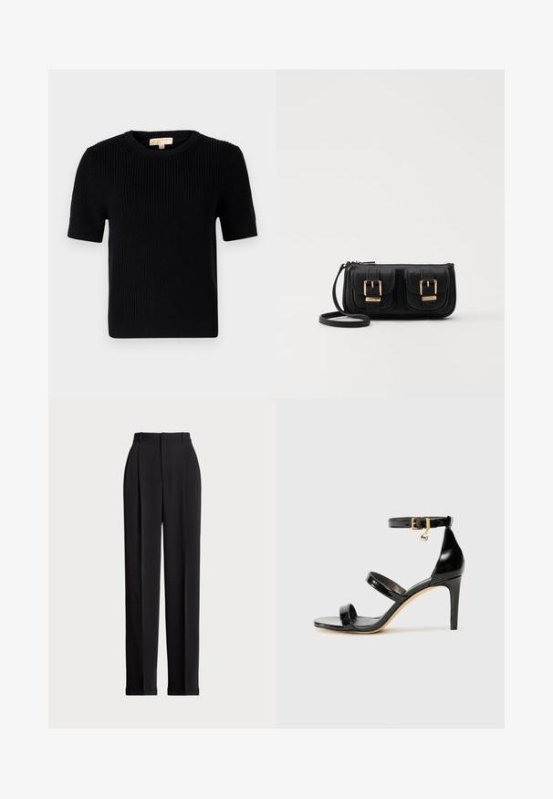 Zwarte gebreide korte mouwen trui met een ronde halslijn. Beschikt over een geribbelde textuur en een rechte zoom. Etiket op de binnenkant van de kraag.; Zwarte op maat gemaakte broek met een hoge taille, voorzien van plooien aan de voorkant, een recht gesneden ontwerp en een omslagrand. Gemaakt van een soepele stof.; Zwarte gepatineerde leren sandaal met drie banden, enkelgesp en 10 cm hoge stiletto hak. Bevat gouden hardwaredetails en een logo charm.; Zwarte leren schoudertas met twee vo pockets, gouden gespen, ritsluiting en een smalle band. Tekstuur oppervlak en compacte rechthoekige vorm.