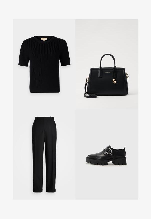 Črn pleteni pulover s kratkimi rokavi in okroglo izreza. Ima rebrasto teksturo in naravnost krojen rob. Etiketa na notranji strani ovratnika.; Polo Ralph Lauren HIGH RISE RELAXED STRAIGHT TROUSER - Hlače - black; Črne usnjene čevlje z debelim, rebrastim podplatom, ki imajo okroglo srebrno kovinsko dodatno opremo in minimalne šive.; Črna usnjena torbica s strukturirano zasnovo, dvema zgornjima ročajema, odstranjevanim naramnim trakom, zlatim okovjem in dodatkom z logotipom.