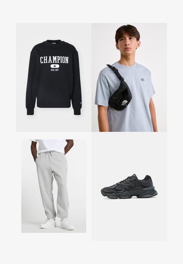 Schwarzer Hoodie mit dem Wort "CHAMPION" in Weiß, darunter "ATHL. DEPT." Ribbelkragen und -bündchen, weiche Stoffstruktur.; Mann trägt hellgraue Sweatpants mit Kordelzug und weiße Sneakers, steht mit den Händen in den Taschen vor einem weißen Hintergrund.; Schwarzer Laufschuh mit einer Mischung aus Mesh- und sinthetischen Materialien, dicke Sohle, geschwungenes Design und auffälliger Markenkennzeichnung an der Seite.; Schwarze Nylon-Crossbody-Tasche mit verstellbarem Riemen, die ein auffälliges weißes Logo trägt. Wird über einem hellblauen T-Shirt getragen. Schlichtes, funktionales Design.