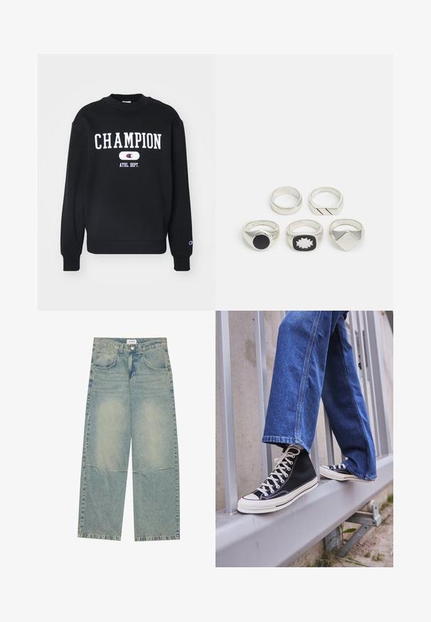 Felpa nera con la parola "CHAMPION" in bianco, con "ATHL. DEPT." sotto. Girocollo e polsini a coste, tessuto morbido.; Jeans a gamba larga di colore blu chiaro, realizzati in denim, con due tasche anteriori, chiusura con bottone e una finitura sbiadita con cuciture visibili.; Scarpe da ginnastica nere alte con suola e lacci bianchi, abbinate a jeans di denim blu larghi, appoggiate su un parapetto grigio.; Cinque anelli d'argento: uno con un dettaglio circolare nero, uno con un motivo geometrico bianco e nero, e altri con diverse forme e finiture.