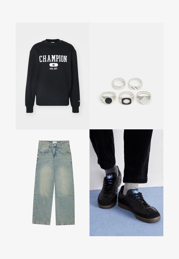 Zwarte sweatshirt met het woord "CHAMPION" in het wit, met daaronder "ATHL. DEPT." Ribbelboord rond de hals en mouwen, zachte stofstructuur.; Lichtblauwe wijde jeans gemaakt van denim, met twee voorkeppen, een knoopsluiting en een vervaagde was met zichtbare stiknaad.; Zwarte sneakers van suede en leer, met een blauw logo en een bruine rubberen zool. Gepaard met grijze sokken en corduroy broek.; Vijf zilveren ringen: één met een zwart ronde detail, één met een wit en zwart geometrisch patroon, en de andere met verschillende vormen en afwerkingen.