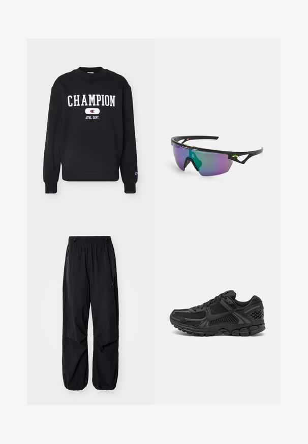 Felpa nera con la parola "CHAMPION" in bianco, con "ATHL. DEPT." sotto. Girocollo e polsini a coste, tessuto morbido.; Pantaloni cargo leggeri neri con elastico in vita, zip laterali e tasche ampie. Caratterizzati da una vestibilità comoda e fondi a gamba affusolata.; Scarpa sportiva nera con tomaia in mesh, suola in gomma e dettagli testurizzati. Il design include un sistema di allacciatura pronunciato e una suola imbottita.; Occhiali da sole sportivi con montatura nera, grandi lenti a gradiente con sfumature viola e verdi, e dettagli di design angolari con logo.