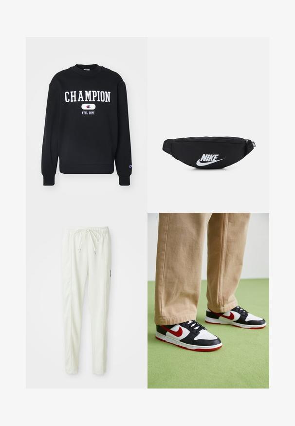 Czarna bluza z nadrukiem "CHAMPION" na białym tle, z napisem "ATHL. DEPT." poniżej. Żebrowany dekolt i mankiety, miękka tekstura materiału.; Białe joggerki slim fit z elastycznym paskiem w talii i sznurkiem do regulacji, z bocznymi przeszyciami oraz małą czarną naszywką na prawej nogawce.; Sneakers Nike Dunk mają czarną skórzaną konstrukcję z czerwonymi akcentami i białym logo Swoosh. Podeszwa jest czerwona, z teksturowaną białą osłoną na palce.; Czarna nylonowa nerka z zamkiem błyskawicznym, z dużym białym logo Nike. Gładka tekstura i ergonomiczny design dla komfortowego noszenia.