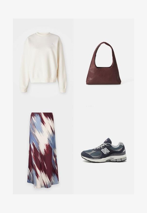 Krämfärgad sweatshirt gjord av mjukt tyg, med rund hals, ribbade ärmslut och en liten tonalt logotyp på vänster bröst.; Lång kjol med ett diagonalt tie-dye-mönster i burgundy, blått och krämfärgat, tillverkad av mjukt material med en flödande siluett och lätt glans.; New Balance-sneakers med överdel i marinblått mesh och mocka, grå accenter, vit logotyp, dämpad sula och texturerad detalj.; Burgunderfärgad läderhandväska med triangulär form, öppen topp och flätad detalj längs handtaget. Slät textur med matt finish.