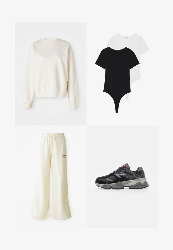 Kremkrāsas džemperis, izgatavots no mīksta auduma, ar apaļu kaklu, ribotiem piedurknēm un mazu tonālu logotipu kreisajā krūtīs.; Melnbalti īsām piedurknēm bodiji ar apaļu kakla izgriezumu un tanga apakšdaļu, izgatavoti no gludas, elastīgas auduma.; Krēmkrāsas platās sporta bikses ar elastīgu jostu un regulējamu auklu. Uz priekšpuses izšūts zaļš uzraksts "Athletic". Mīksts audums.; Melna un pelēka sporta apavi ar suede un sieta materiālu kombināciju, bieza zole, izteikts logs un sarkana akcents uz mēles.