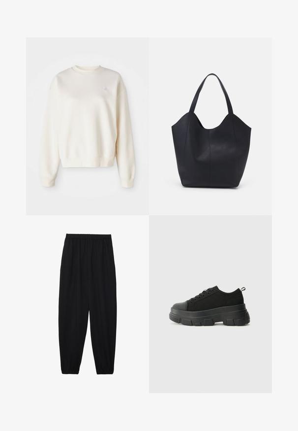 Κρέμα χρώματος φούτερ από μαλακό ύφασμα, με στρογγυλή λαιμόκοψη, ριμπ μανσέτες και ένα μικρό τονικό λογότυπο στο αριστερό στήθος.; Μαύρο, ελαφρύ παντελόνι με ελαστική μέση και μαζεμένα μπατζάκια. Το ύφασμα είναι λείο και έχει χαλαρή, κωνική σχεδίαση.; Μαύρα αθλητικά παπούτσια με χοντρή καουτσουκένια σόλα, υφασμάτινη υφή στην κορυφή, στρογγυλή μύτη και σχέδιο με κορδόνια. Διαθέτουν ενισχυμένα δαχτυλίδια και λαβή στο πίσω μέρος.; Μαύρη τσάντα tote από λείο δέρμα, με καμπύλη, ανοιχτή κορυφή, δύο ιμάντες ώμου και μινιμαλιστικό σχέδιο.